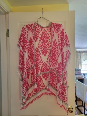 Pink & White Patterned Kimono with Pom Trim